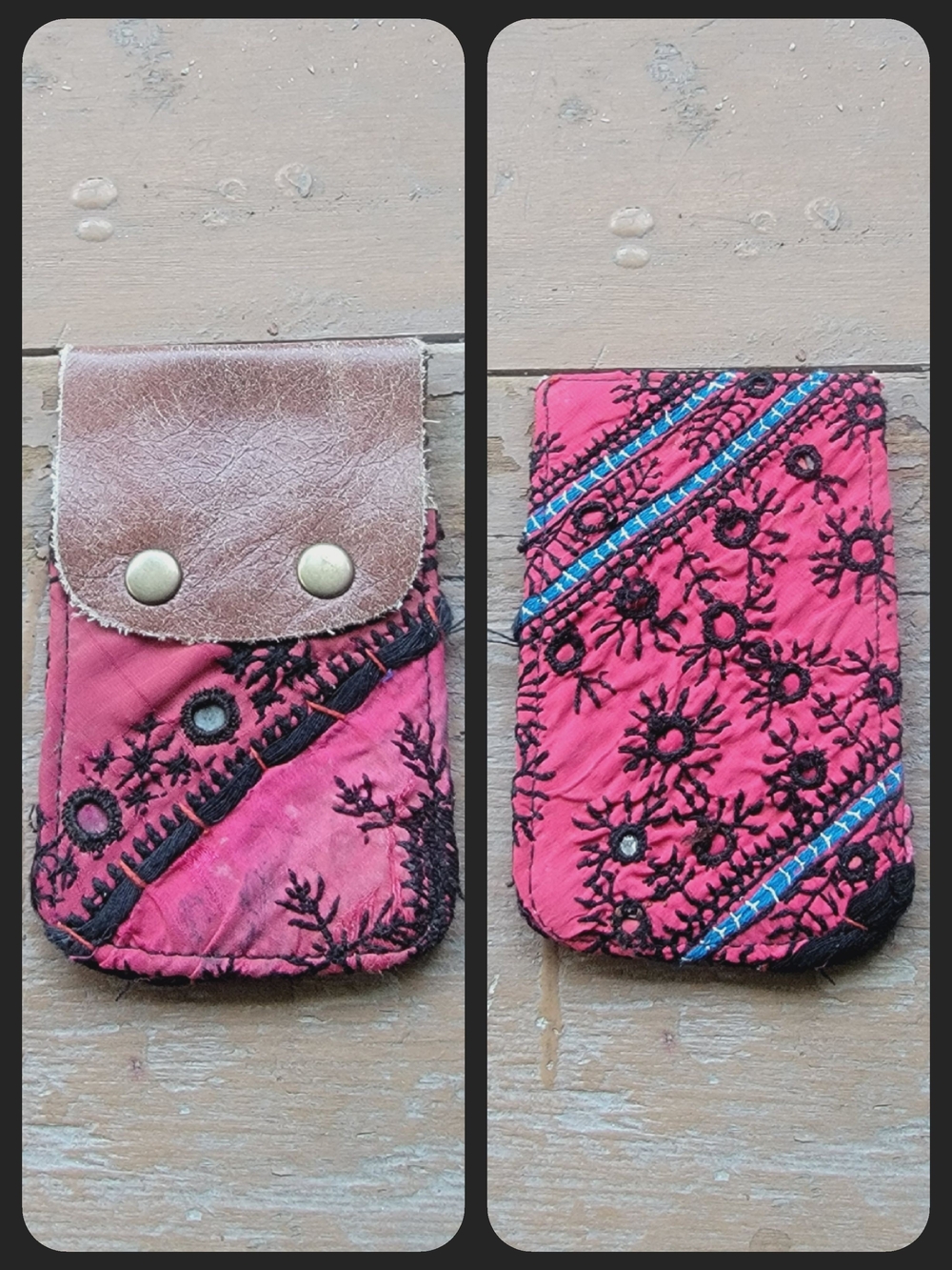 Free People embroidered banjara boho repurposed vtg leather wallet card case